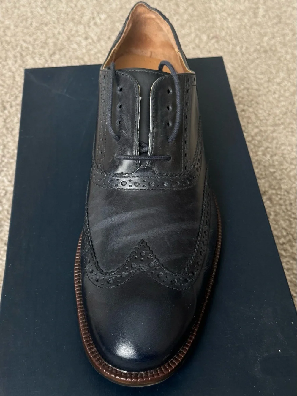 Cole Haan Navy Brogue Derby with Brown Stacked Sole